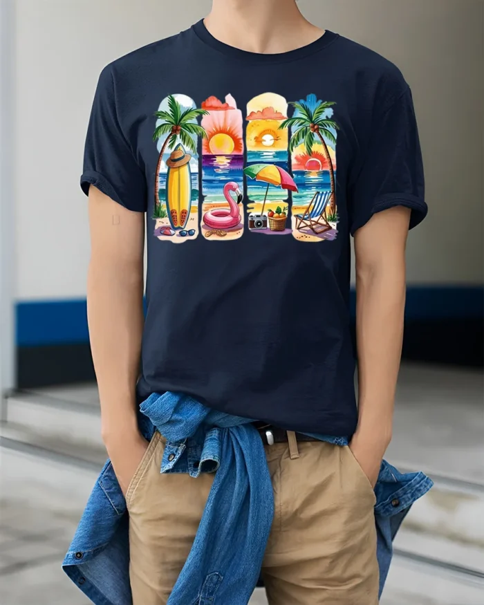 Colorful Beach Vibes T-Shirt Tropical Summer Sunset - model wearing navy shirt, hands in pockets