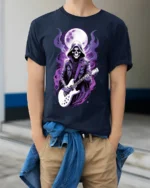 Skull Guitarist T-Shirt Grim Reaper Rock Metal Graphic - model wearing navy shirt, hands in pockets