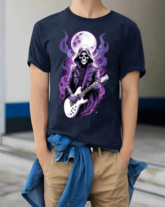 Skull Guitarist T-Shirt Grim Reaper Rock Metal Graphic - model wearing navy shirt, hands in pockets