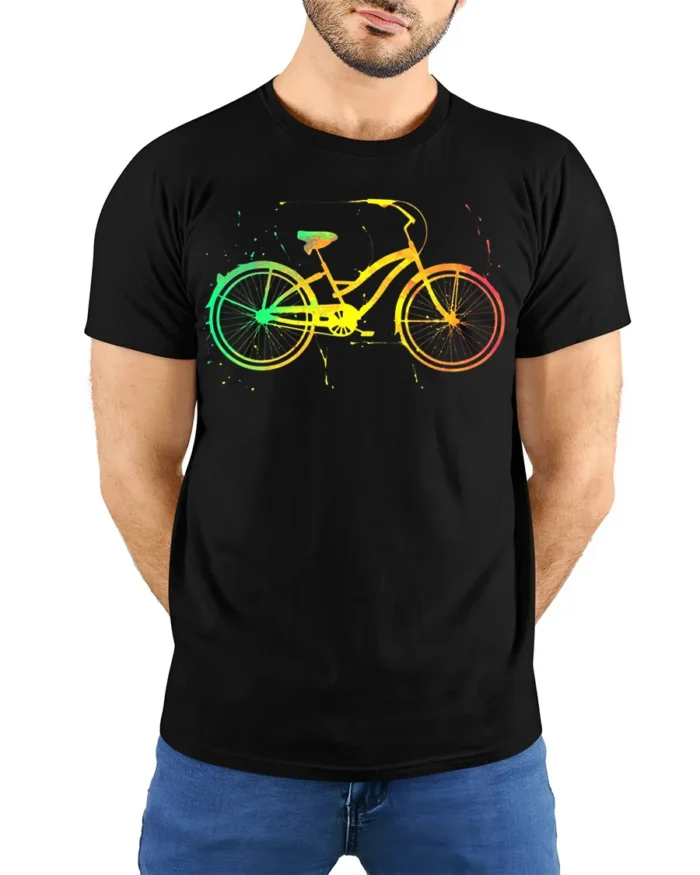 Color Splash Bicycle Art Print T-Shirt - model wearing black shirt, hands behind back