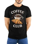 Coffee Club Croissant T-Shirt for Coffee Lovers Foodies - model wearing black shirt, hands behind back