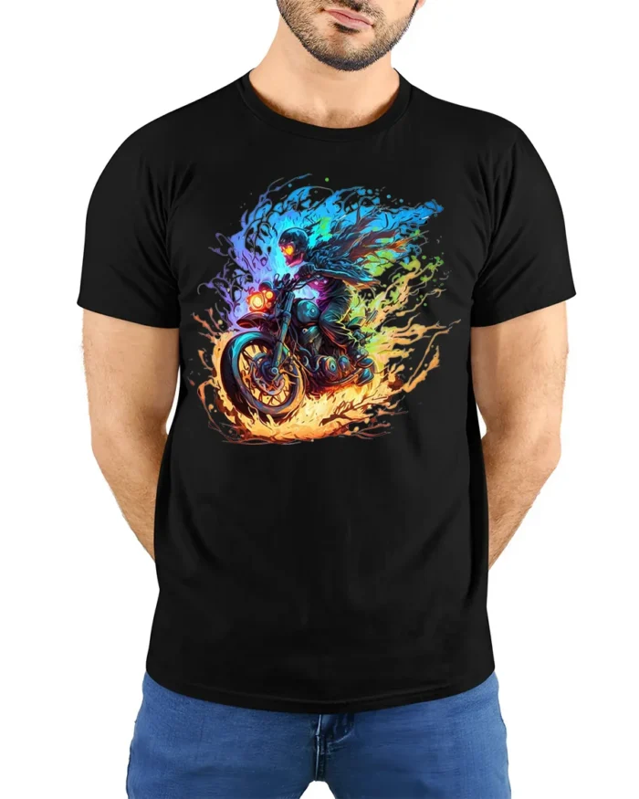 Flaming Biker Graphic T-Shirt Fire Fury Motorcycle - model wearing black shirt, hands behind back