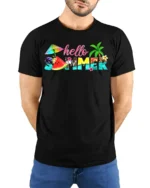 Hello Summer Tropical T-Shirt with Beach and Fruit Design - model wearing black shirt, hands behind back