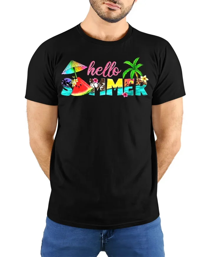 Hello Summer Tropical T-Shirt with Beach and Fruit Design - model wearing black shirt, hands behind back
