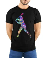 Colorful Baseball Player T-Shirt Artistic Sports Graphic - model wearing black shirt, hands behind back
