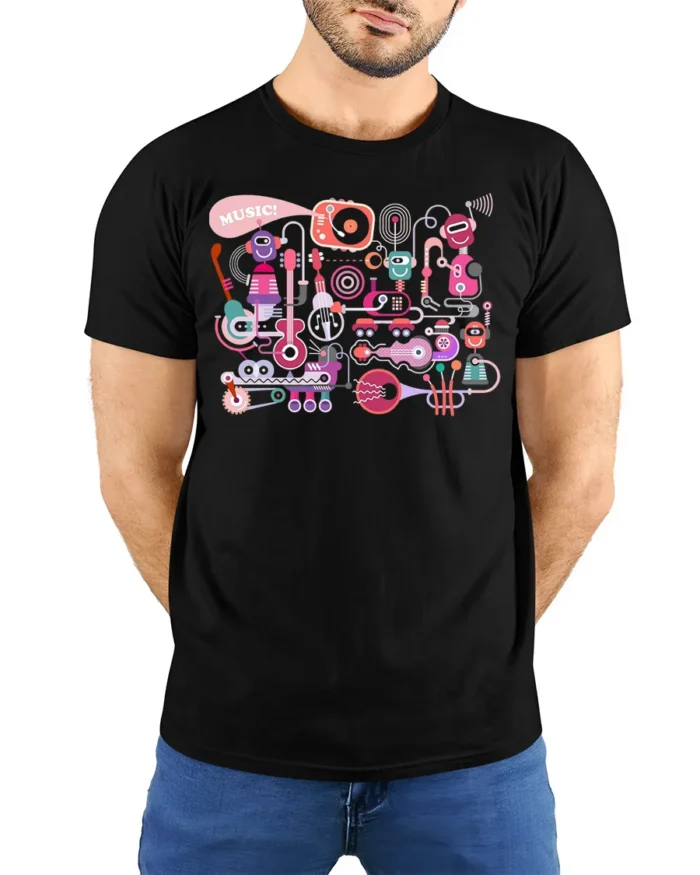 Retro Robot Music T-Shirt Fun Graphic for Music Lovers - model wearing black shirt, hands behind back