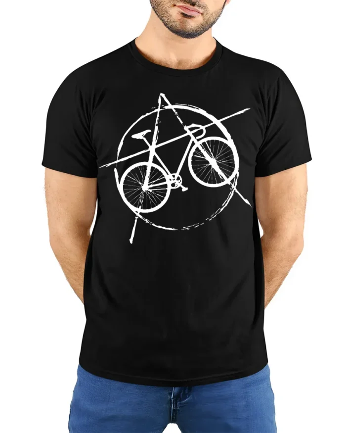 Punk Bicycle T-Shirt Anarchy Bike Graphic for Cyclists - model wearing black shirt, hands behind back