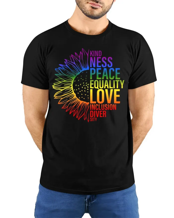 Rainbow Sunflower Equality T-Shirt Love and Inclusion - model wearing black shirt, hands behind back