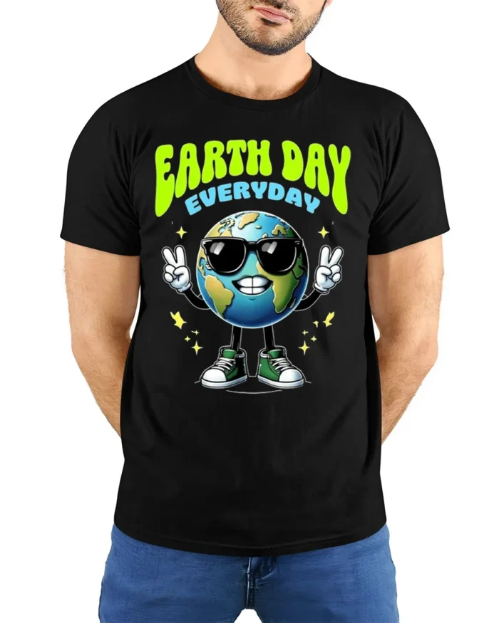 Earth Day Everyday T-Shirt Cool Planet Eco Style - model wearing black shirt, hands behind back