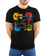 Life Is Good Guitar T-Shirt Colorful Music Lover - model wearing black shirt, hands behind back