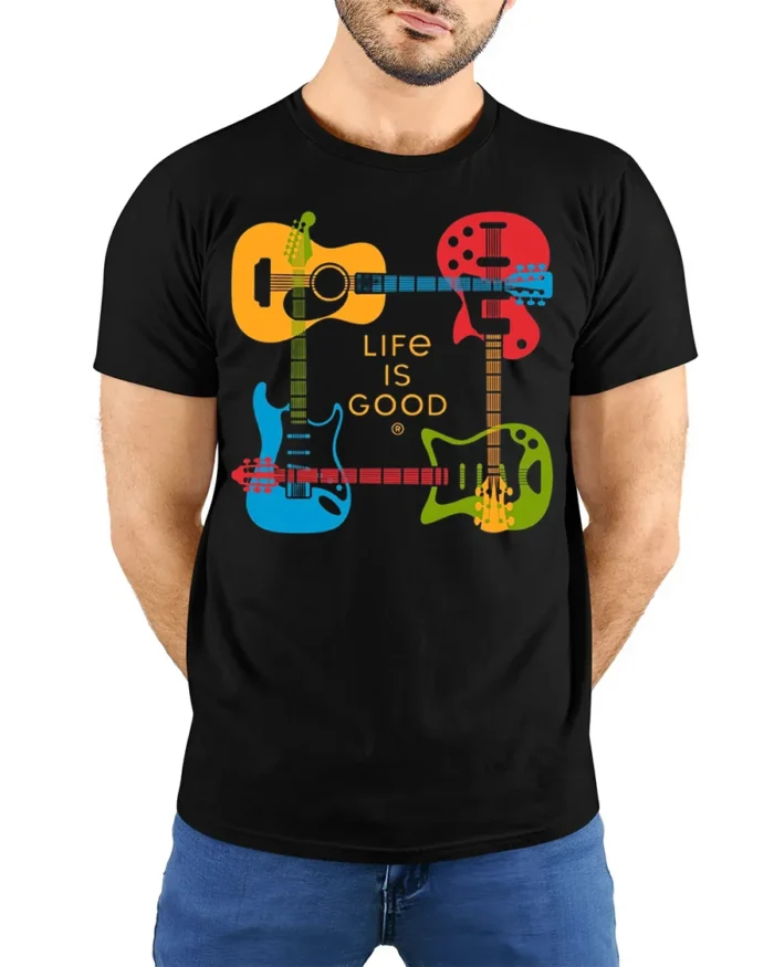 Life Is Good Guitar T-Shirt Colorful Music Lover - model wearing black shirt, hands behind back