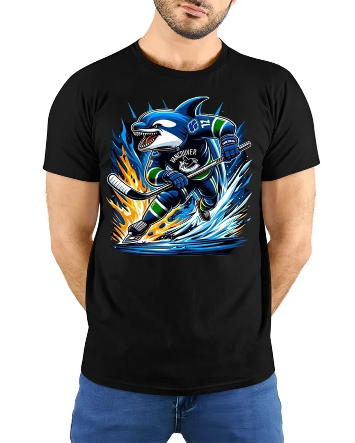 Shark Hockey T-Shirt Vancouver Ice Rink Power Play - model wearing black shirt, hands behind back