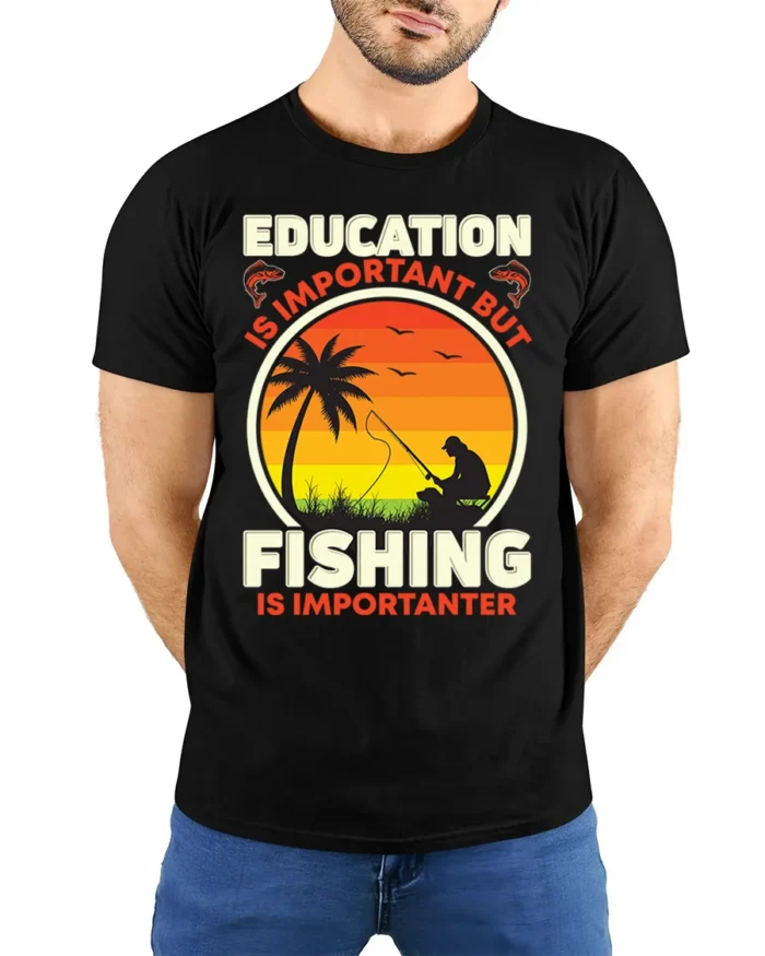 Fishing Is Importanter T-Shirt Funny Fisherman Gift - model wearing black shirt, hands behind back