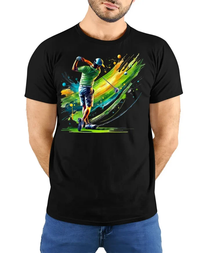 Color Splash Golf Swing T-Shirt Vibrant Golfer Graphic - model wearing black shirt, hands behind back