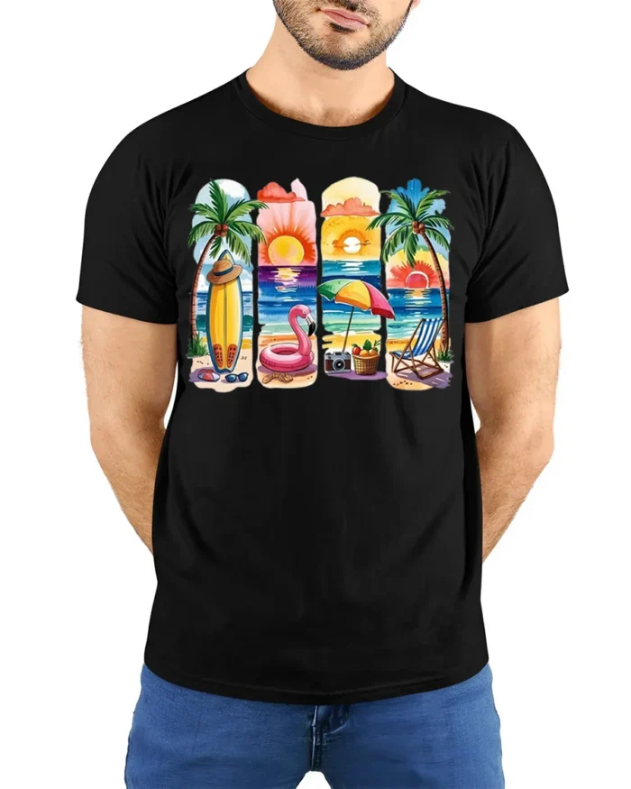 Colorful Beach Vibes T-Shirt Tropical Summer Sunset - model wearing black shirt, hands behind back