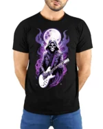 Skull Guitarist T-Shirt Grim Reaper Rock Metal Graphic - model wearing black shirt, hands behind back