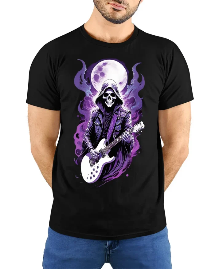 Skull Guitarist T-Shirt Grim Reaper Rock Metal Graphic - model wearing black shirt, hands behind back
