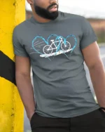 Bicycle Heartbeat T-Shirt for Cyclists and Bike Lovers - model in grey shirt leaning against column
