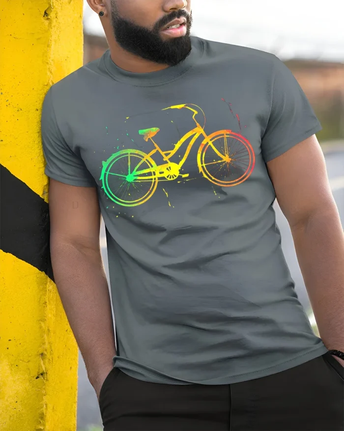 Color Splash Bicycle Art Print T-Shirt - model in grey shirt leaning against column