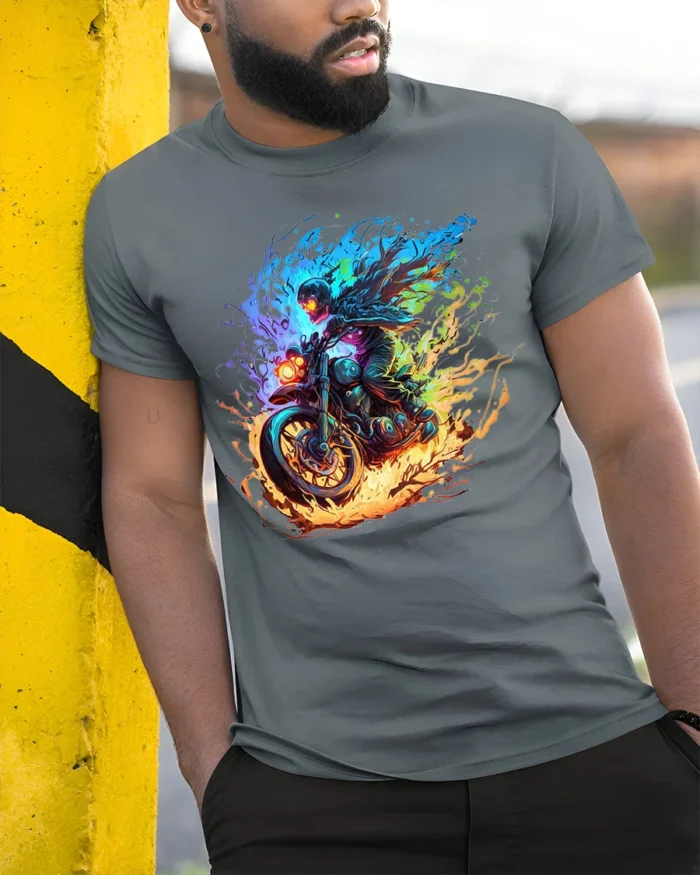 Flaming Biker Graphic T-Shirt Fire Fury Motorcycle - model in grey shirt leaning against column