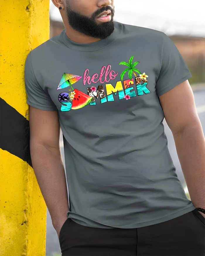 Hello Summer Tropical T-Shirt with Beach and Fruit Design - model in grey shirt leaning against column