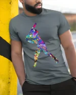Colorful Baseball Player T-Shirt Artistic Sports Graphic - model in grey shirt leaning against column