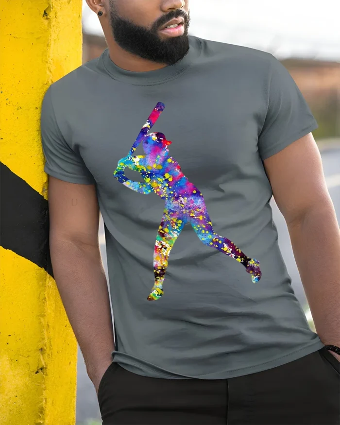 Colorful Baseball Player T-Shirt Artistic Sports Graphic - model in grey shirt leaning against column