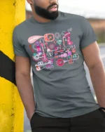 Retro Robot Music T-Shirt Fun Graphic for Music Lovers - model in grey shirt leaning against column