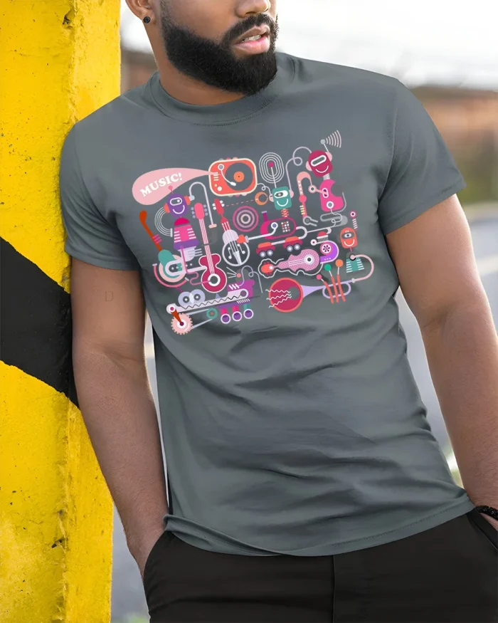 Retro Robot Music T-Shirt Fun Graphic for Music Lovers - model in grey shirt leaning against column