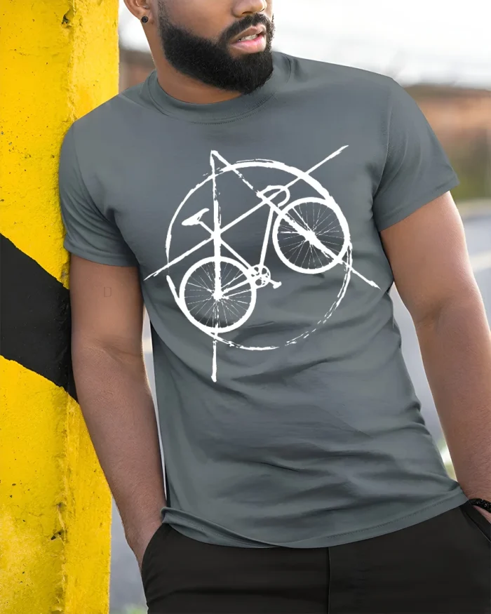 Punk Bicycle T-Shirt Anarchy Bike Graphic for Cyclists - model in grey shirt leaning against column