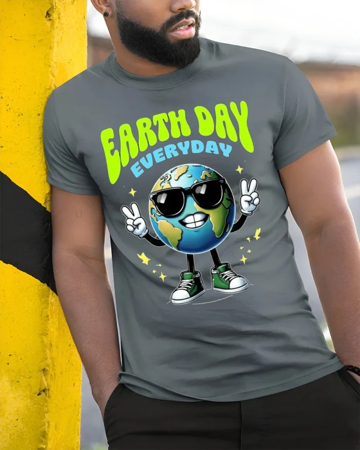 Earth Day Everyday T-Shirt Cool Planet Eco Style - model in grey shirt leaning against column