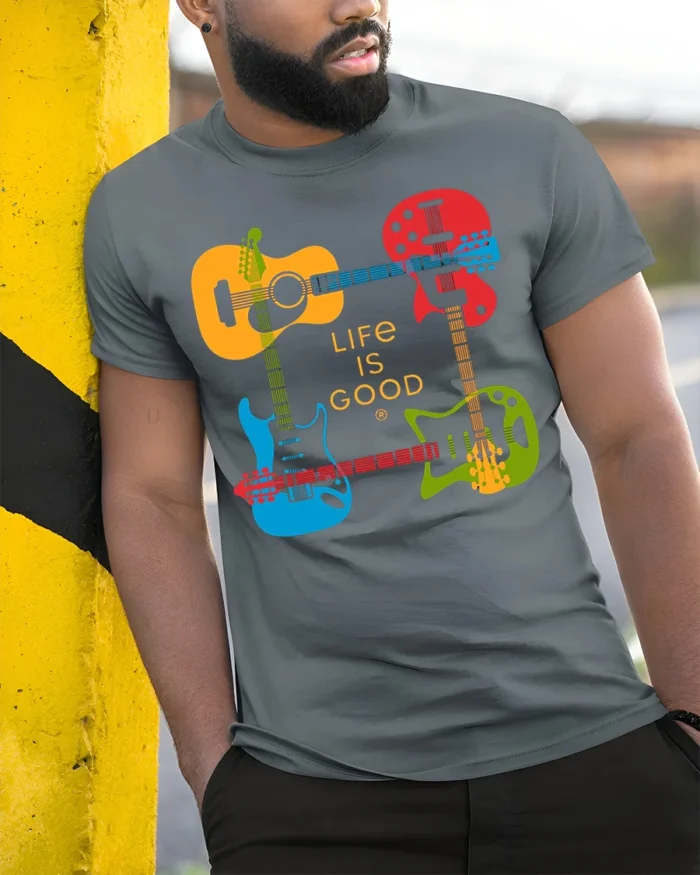 Life Is Good Guitar T-Shirt Colorful Music Lover - model in grey shirt leaning against column