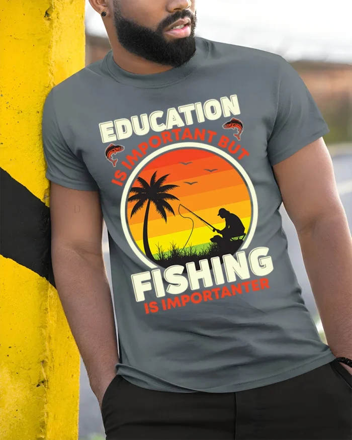 Fishing Is Importanter T-Shirt Funny Fisherman Gift - model in grey shirt leaning against column