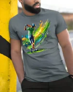 Color Splash Golf Swing T-Shirt Vibrant Golfer Graphic - model in grey shirt leaning against column