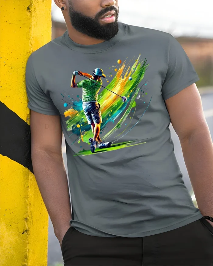 Color Splash Golf Swing T-Shirt Vibrant Golfer Graphic - model in grey shirt leaning against column