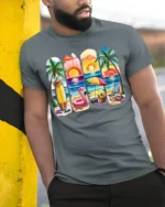 Colorful Beach Vibes T-Shirt Tropical Summer Sunset - model in grey shirt leaning against column