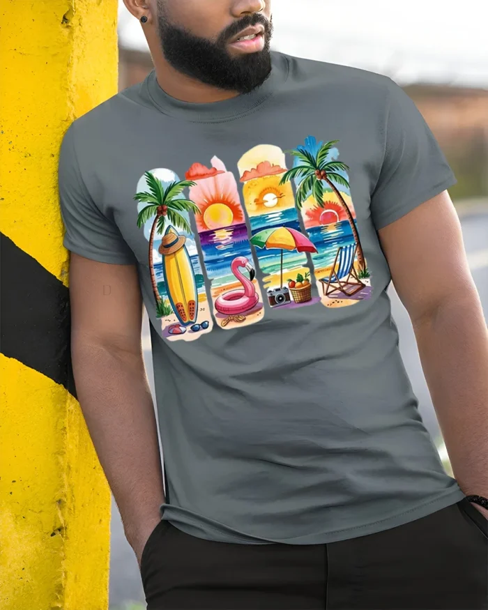 Colorful Beach Vibes T-Shirt Tropical Summer Sunset - model in grey shirt leaning against column