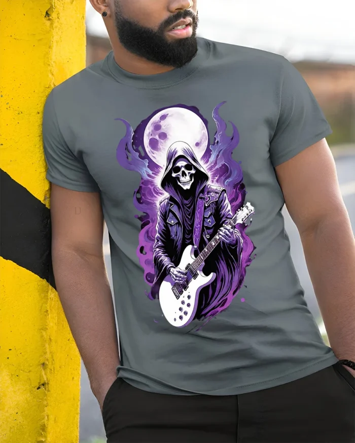 Skull Guitarist T-Shirt Grim Reaper Rock Metal Graphic - model in grey shirt leaning against column