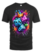 Color Dice Crown Splash Art Graphic T-Shirt for Men - black t-shirt on white background