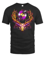 Neon Deer Head T-Shirt with Vinyl Record and Antlers Art - black t-shirt on white background