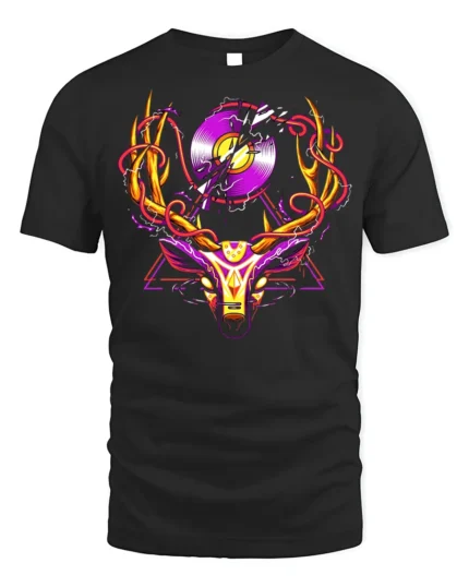 Neon Deer Head T-Shirt with Vinyl Record and Antlers Art - black t-shirt on white background