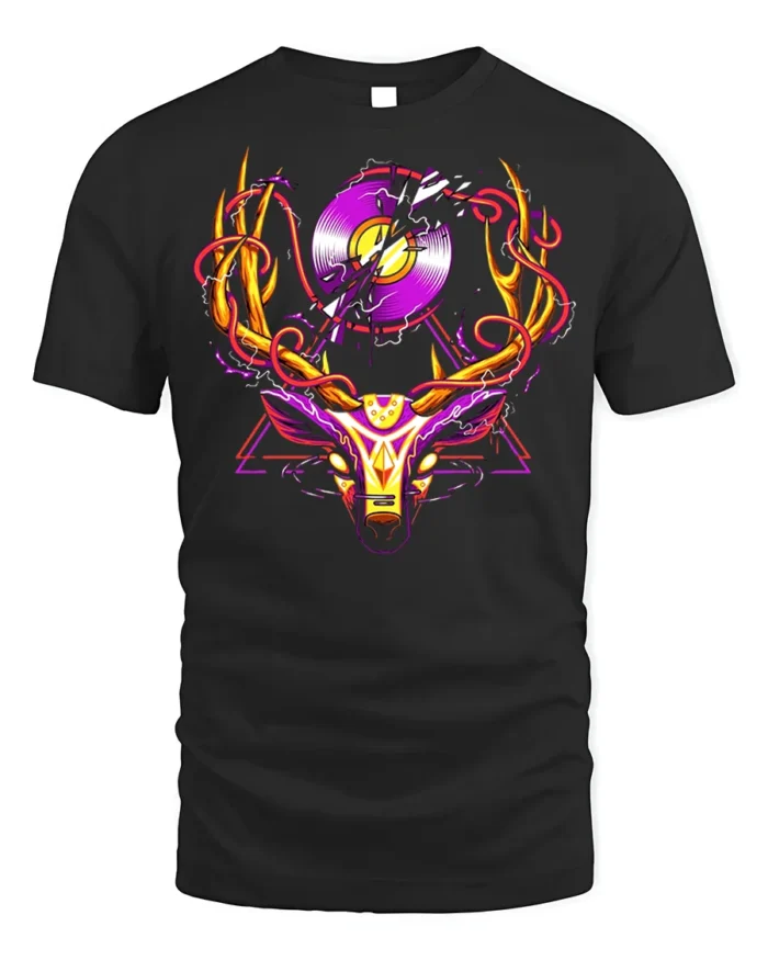 Neon Deer Head T-Shirt with Vinyl Record and Antlers Art - black t-shirt on white background