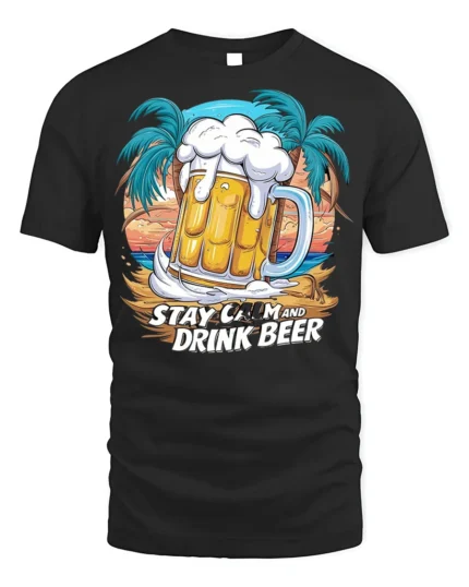 Stay Calm and Drink Beer T-Shirt Funny Beach Bar - black t-shirt on white background