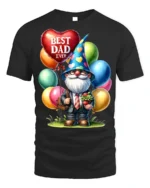 Best Dad Ever T-Shirt with Gnome and Balloon Gift Art - black t-shirt on white background
