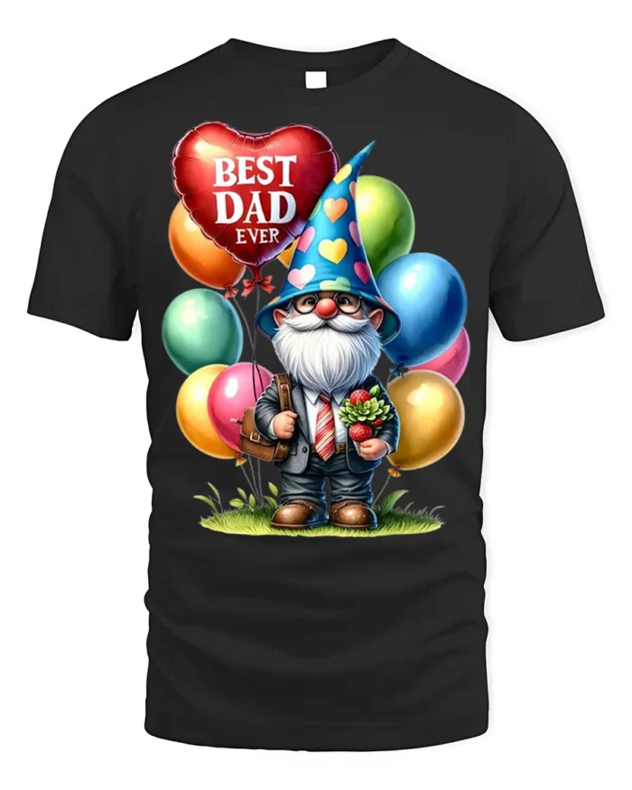 Best Dad Ever T-Shirt with Gnome and Balloon Gift Art - black t-shirt on white background