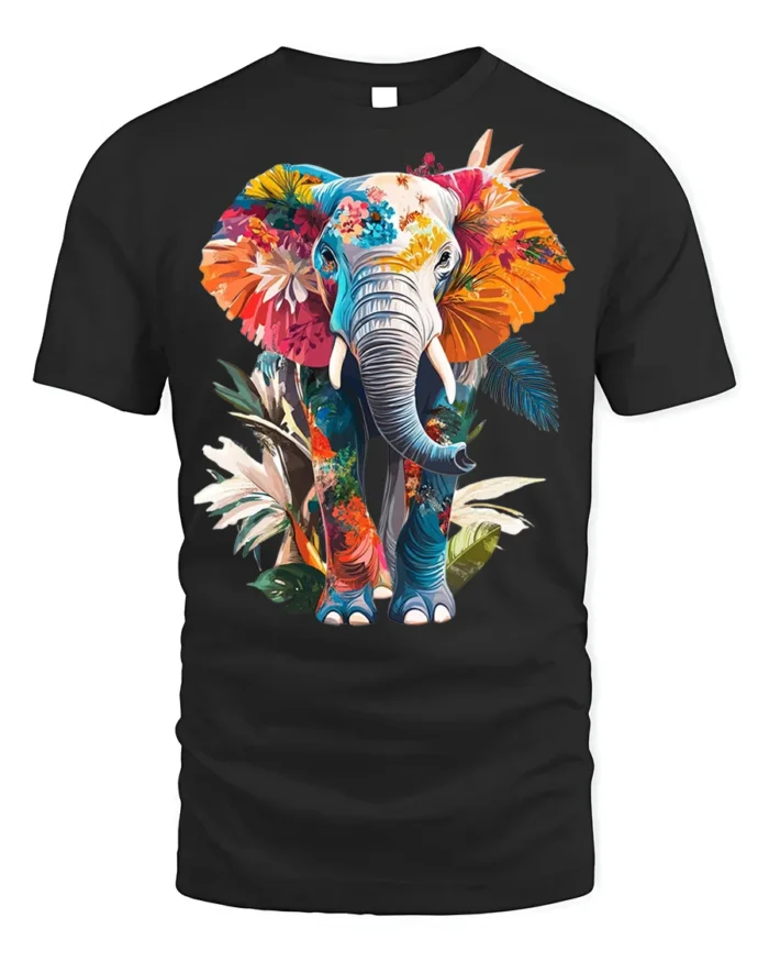 Colorful Elephant T-Shirt Tropical Floral Animal Design - black t-shirt on white background