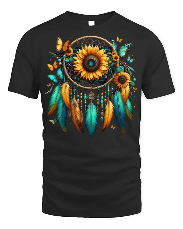 Sunflower Dreamcatcher T-Shirt with Feathers and Butterflies - black t-shirt on white background