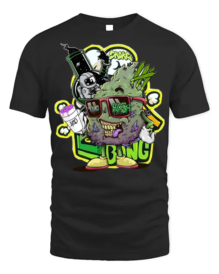 Trippy Weed Cartoon T-Shirt Vibes Stoner Graphic - black t-shirt on white background