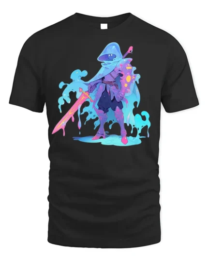 Neon Liquid Knight T-Shirt Fantasy Warrior Graphic - black t-shirt on white background