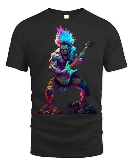 Neon Rock Monster T-Shirt Electric Guitar Graphic - black t-shirt on white background